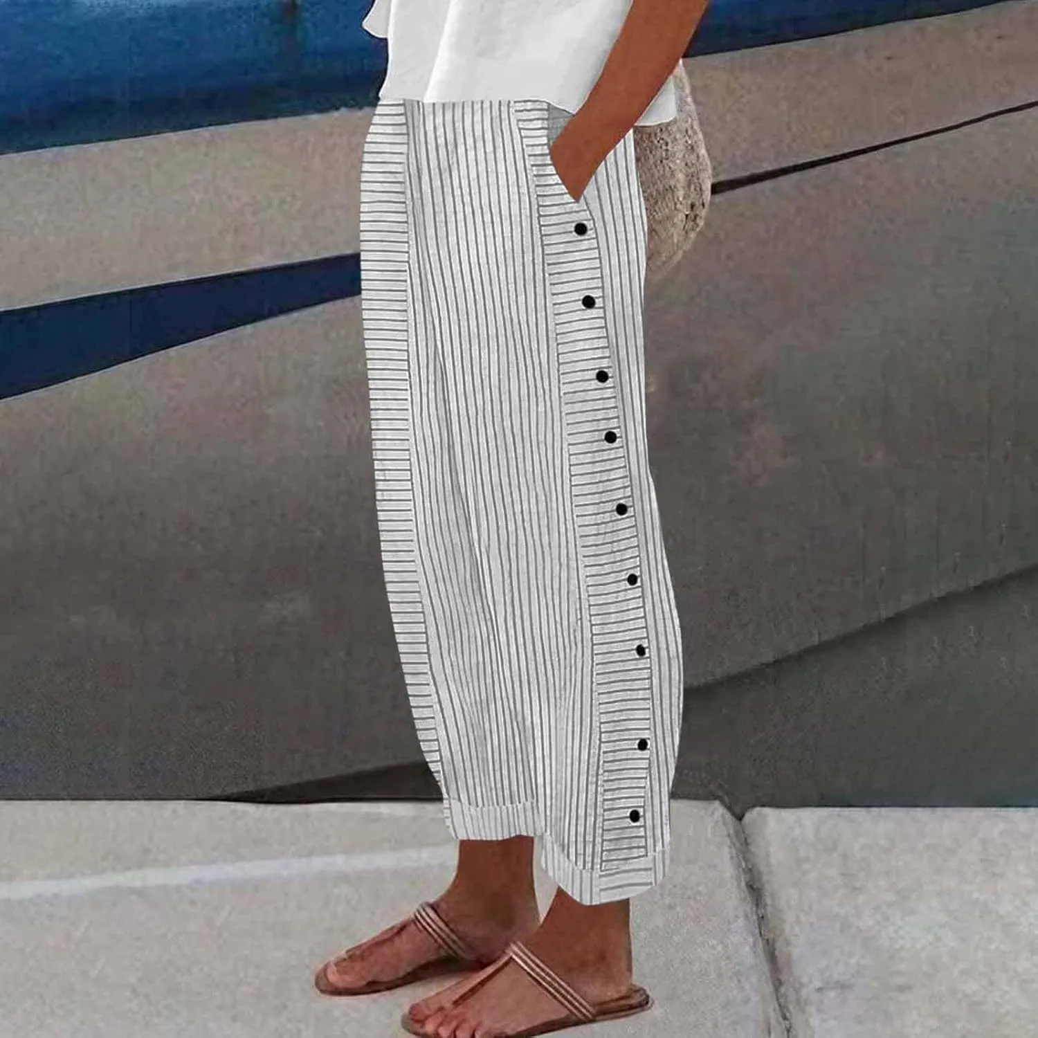 Button Striped Linen Pants Women Elastic High Waist Wide Leg Pants Summer Lightweight Beach Lounge Trousers w/Pockets