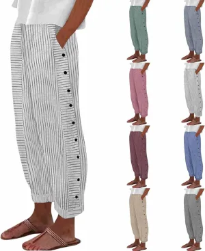 Button Striped Linen Pants Women Elastic High Waist Wide Leg Pants Summer Lightweight Beach Lounge Trousers w/Pockets
