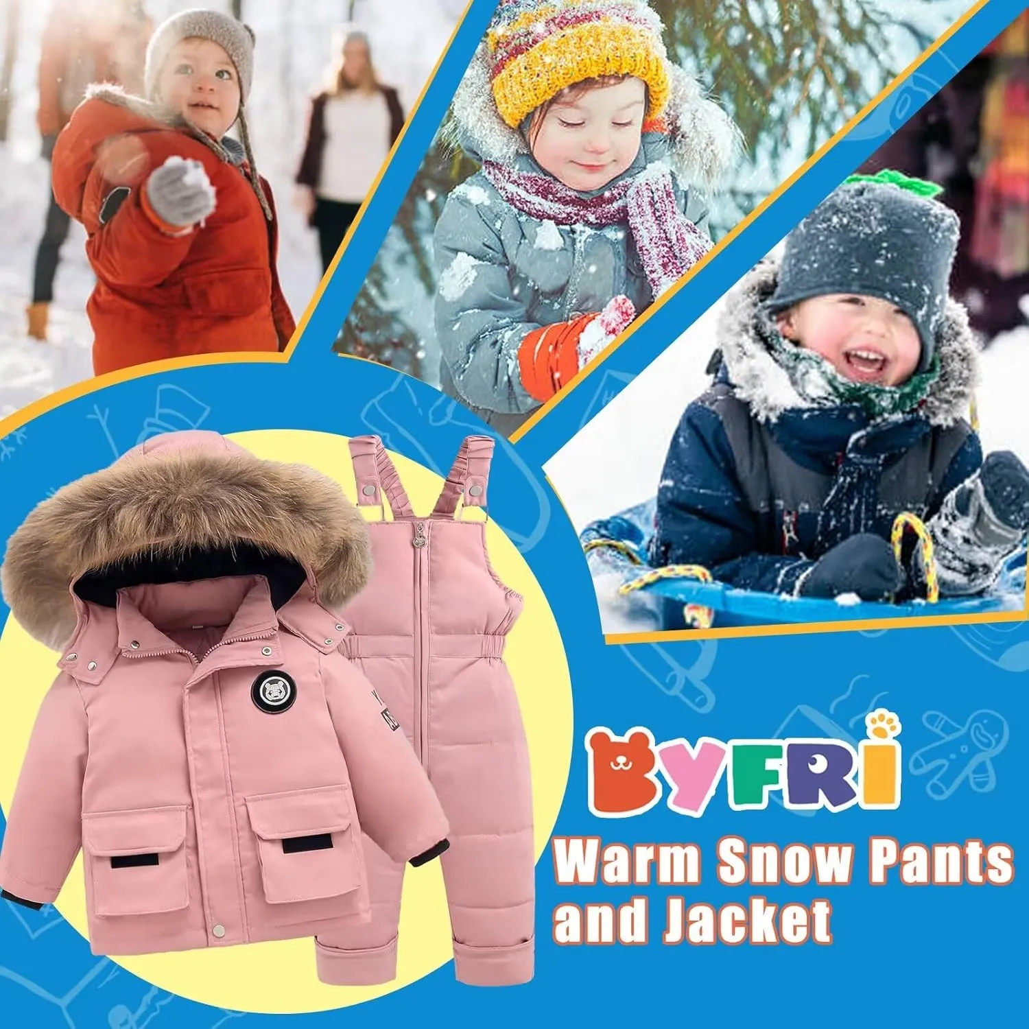 BYFRI Toddler Snow Suits Boys Girls Hooded Down Jacket & Ski Bib Pants Set Baby Snowsuit Coat Infant Winter Jumpsuit 18M-4T