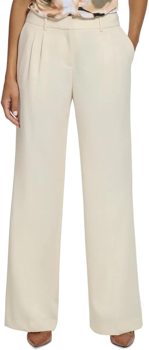 Calvin Klein Womens Pleated Wide Leg Pants Beige 8