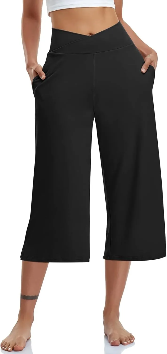 Capri Pants for Women Crossover Wide Leg Yoga Capris Tummy Control Yoga Capris with Pockets Casual Cropped Pants