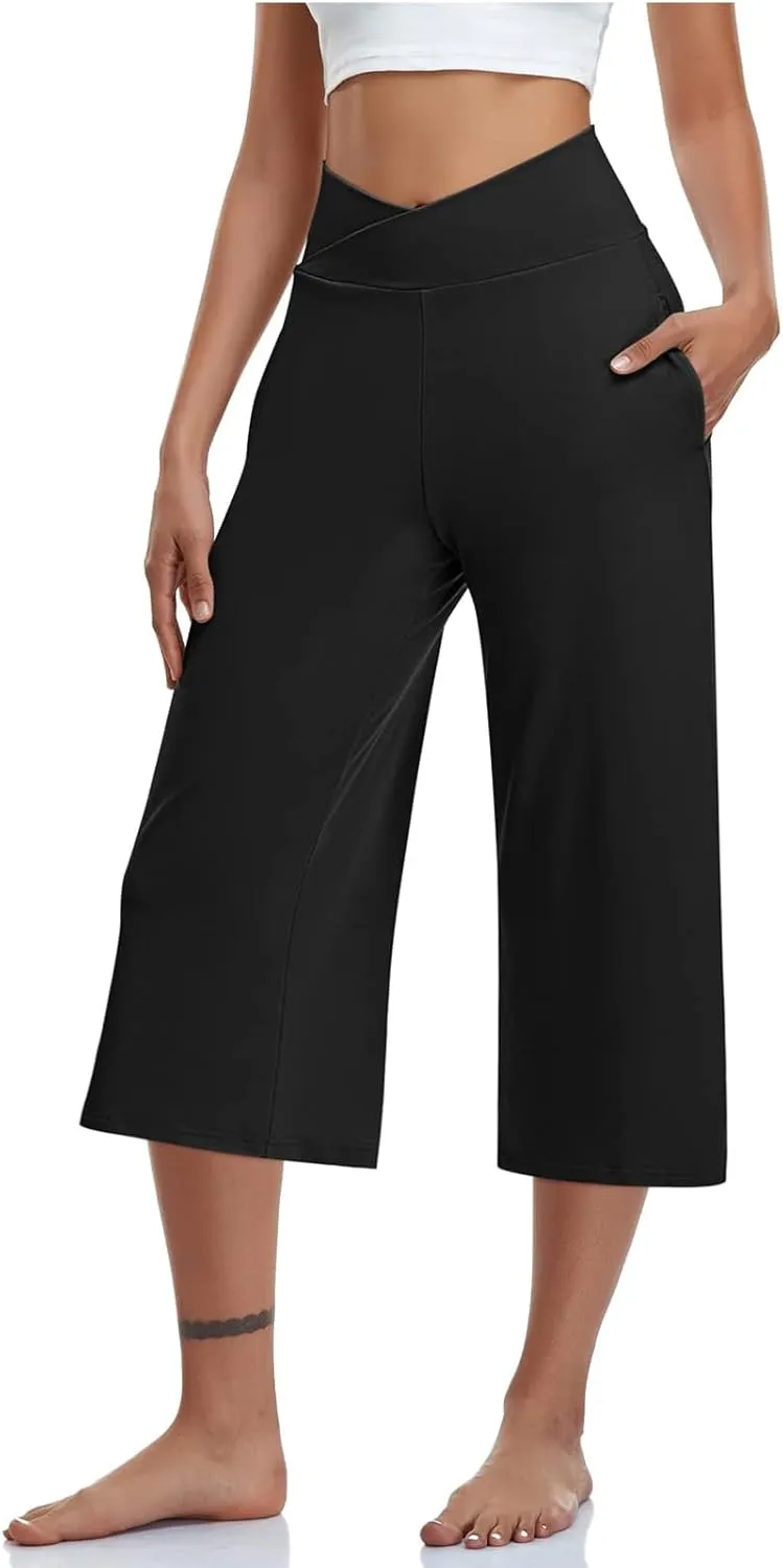 Capri Pants for Women Crossover Wide Leg Yoga Capris Tummy Control Yoga Capris with Pockets Casual Cropped Pants