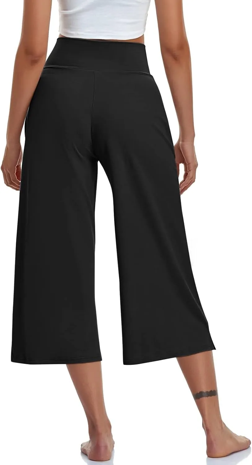 Capri Pants for Women Crossover Wide Leg Yoga Capris Tummy Control Yoga Capris with Pockets Casual Cropped Pants