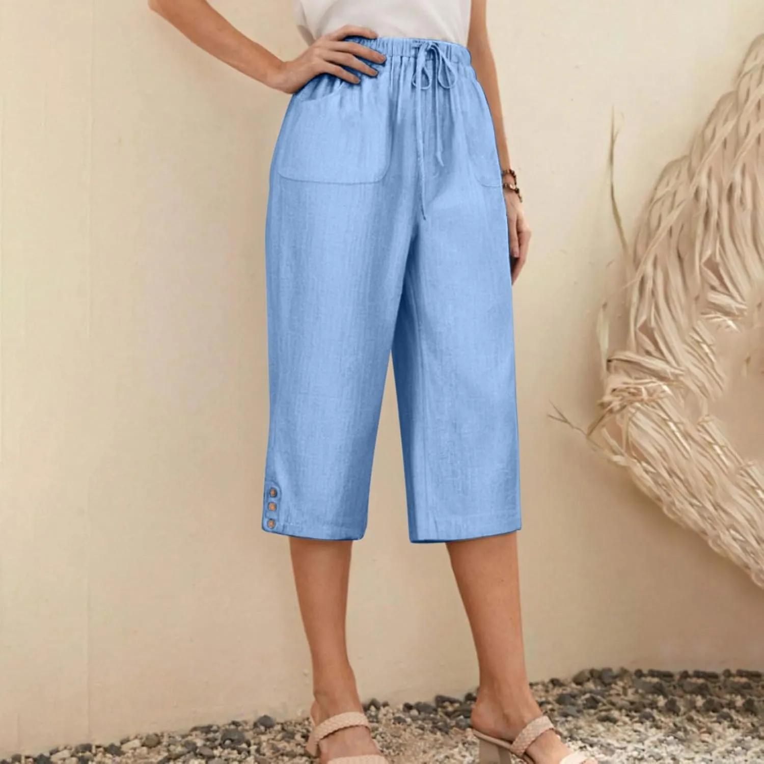 Capri Pants for Women Knee Length Cotton Linen Capris Cropped Trousers Summer Loose Fit Beach Bermuda Shorts Pockets