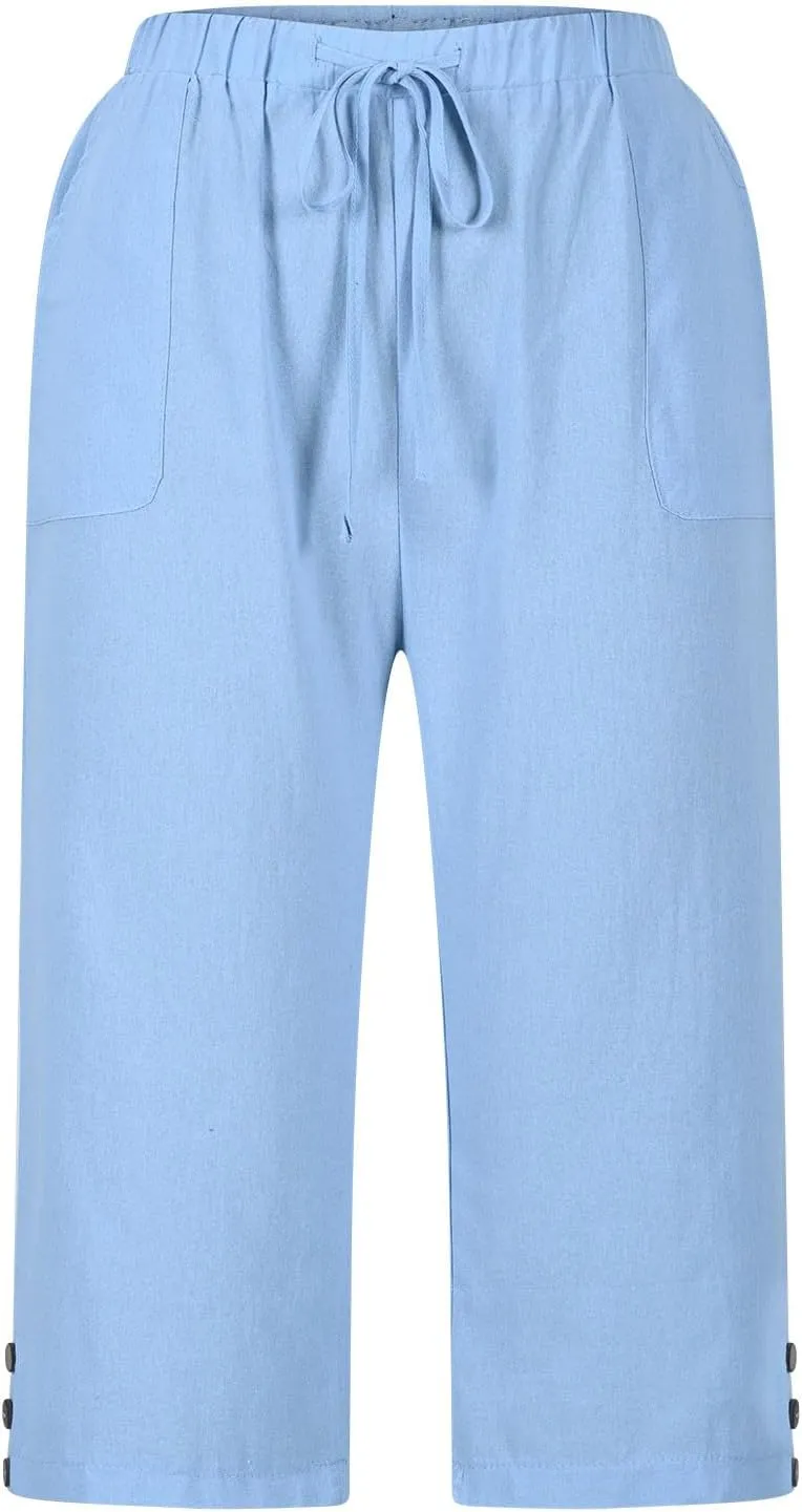 Capri Pants for Women Knee Length Cotton Linen Capris Cropped Trousers Summer Loose Fit Beach Bermuda Shorts Pockets