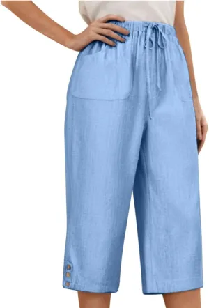 Capri Pants for Women Knee Length Cotton Linen Capris Cropped Trousers Summer Loose Fit Beach Bermuda Shorts Pockets