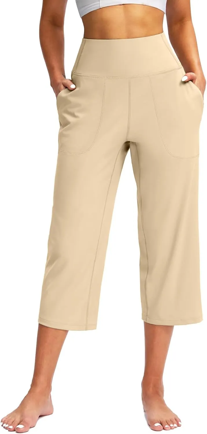 Capri Pants for Women Summer Wide Leg Capri Pants with Pockets Tummy Control Yoga Capris Plus Size Cropped Pant
