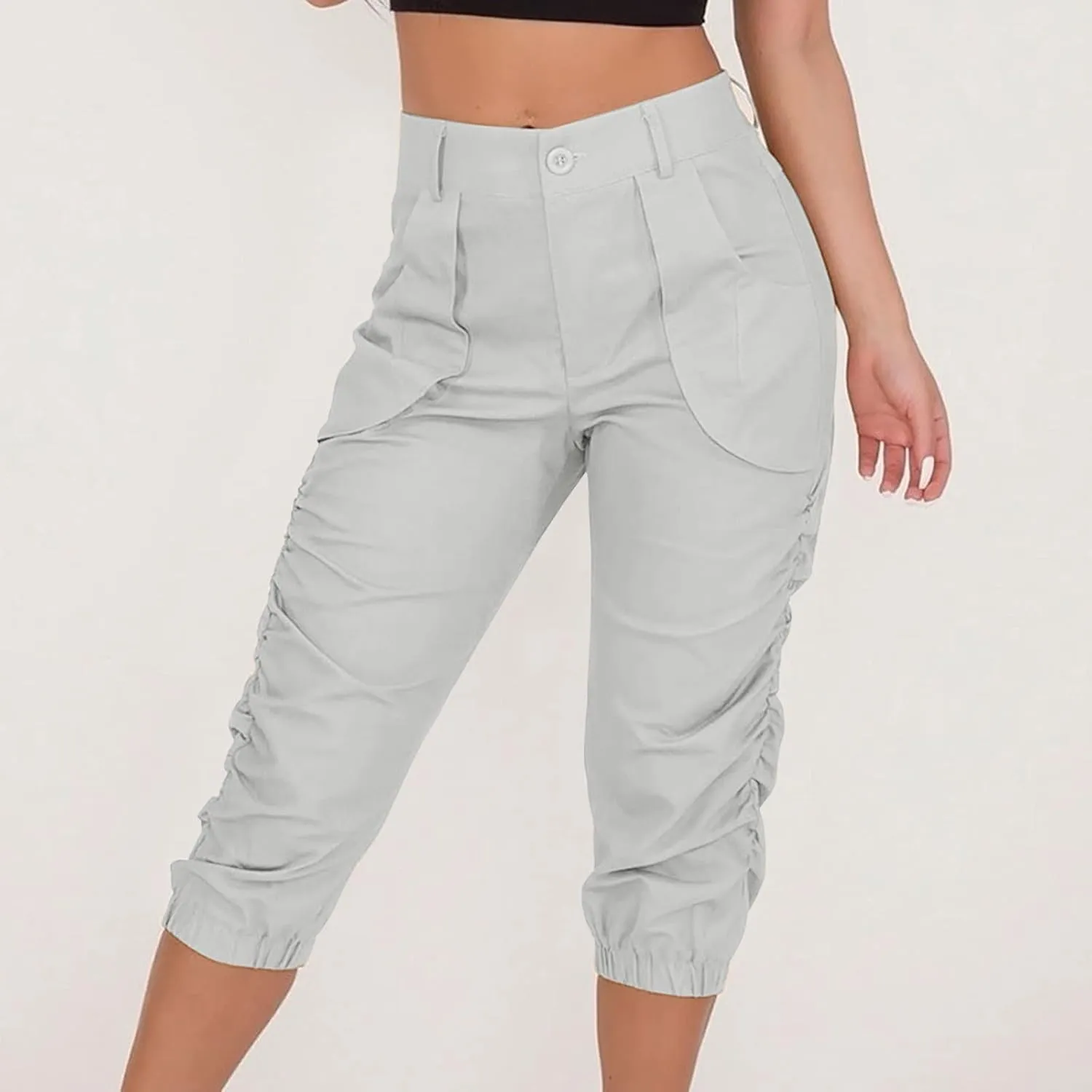 Cargo Capris for Women with Pockets Plus Size Button Up High Waist Capri Pants Ruched Capris Cargos Trousers