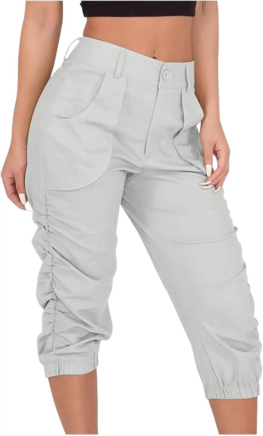 Cargo Capris for Women with Pockets Plus Size Button Up High Waist Capri Pants Ruched Capris Cargos Trousers