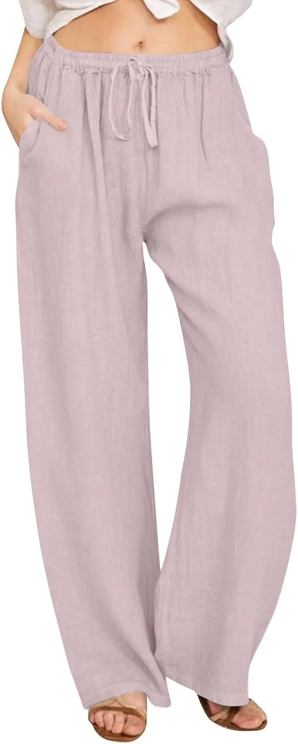 Casual Cotton Linen Pants Women Summer High Waisted Flowy Palazzo Pants Boho Loose Wide Leg Beach Pants with Pockets
