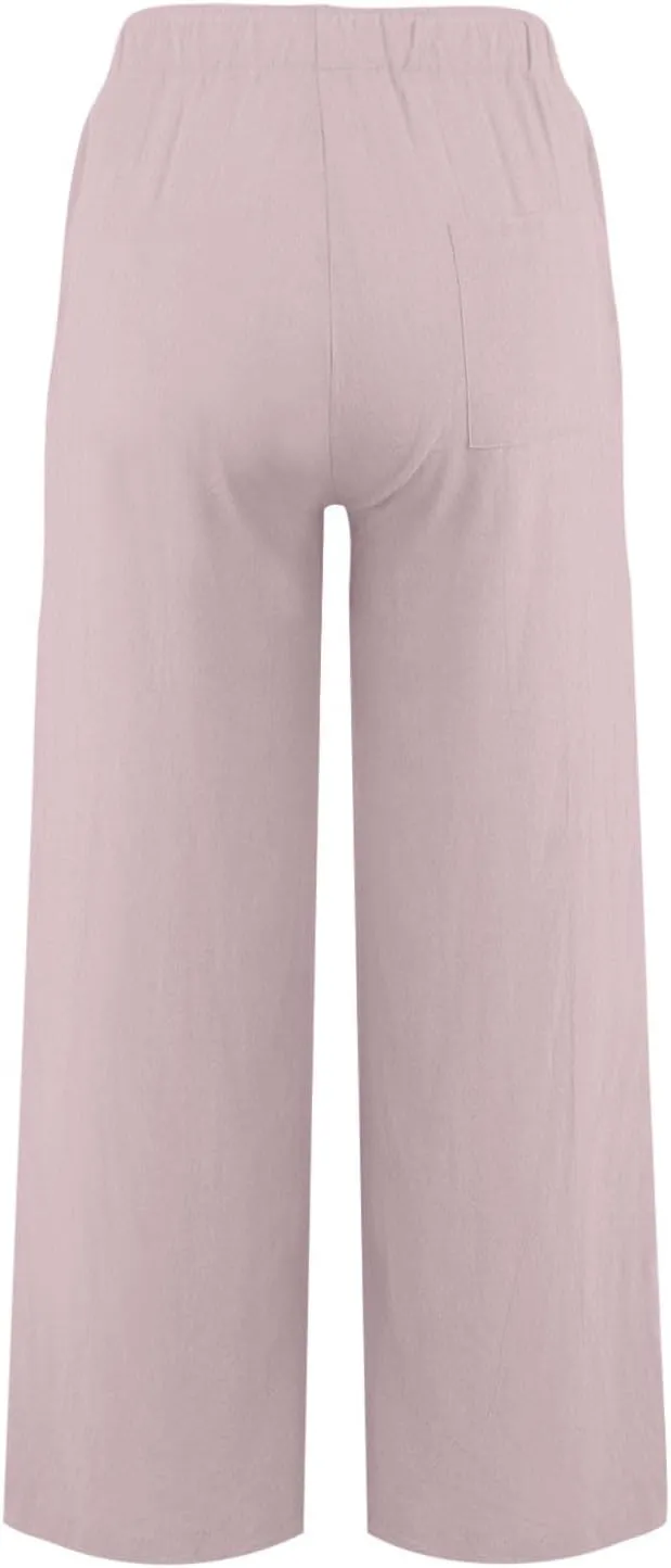 Casual Cotton Linen Pants Women Summer High Waisted Flowy Palazzo Pants Boho Loose Wide Leg Beach Pants with Pockets