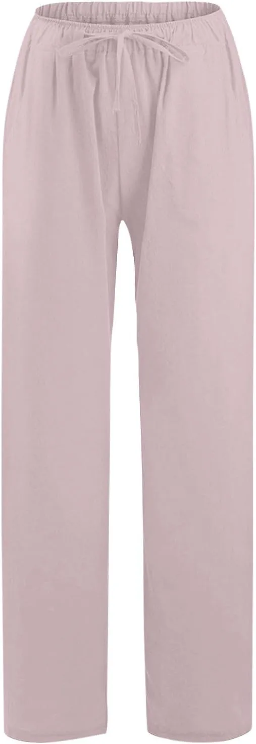 Casual Cotton Linen Pants Women Summer High Waisted Flowy Palazzo Pants Boho Loose Wide Leg Beach Pants with Pockets