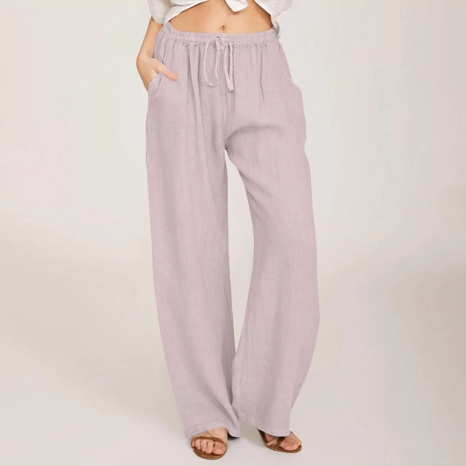Casual Cotton Linen Pants Women Summer High Waisted Flowy Palazzo Pants Boho Loose Wide Leg Beach Pants with Pockets