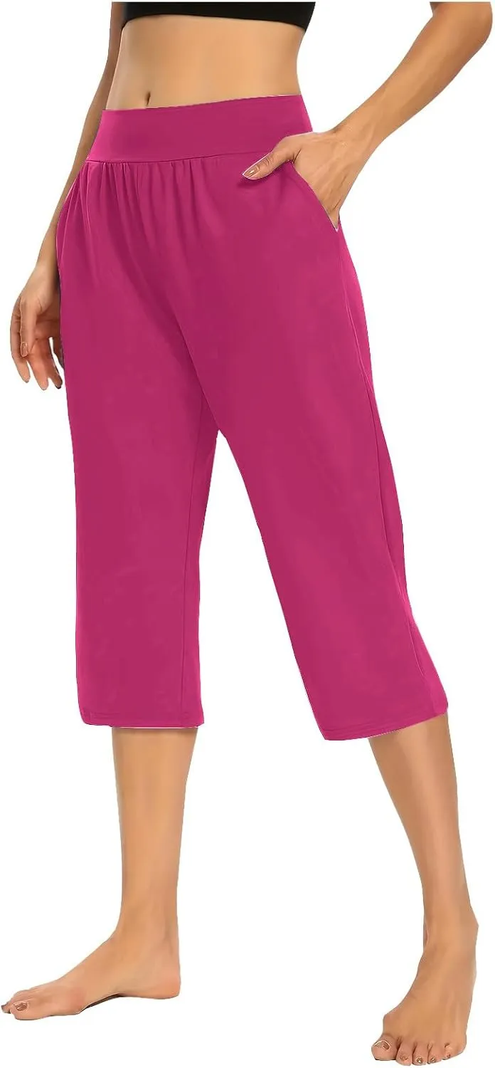 Casual Pants for Women 2 Piece Tummy Control Capri Yoga Pants Straight Leg Leggings Loose Fit Casual Work Pants