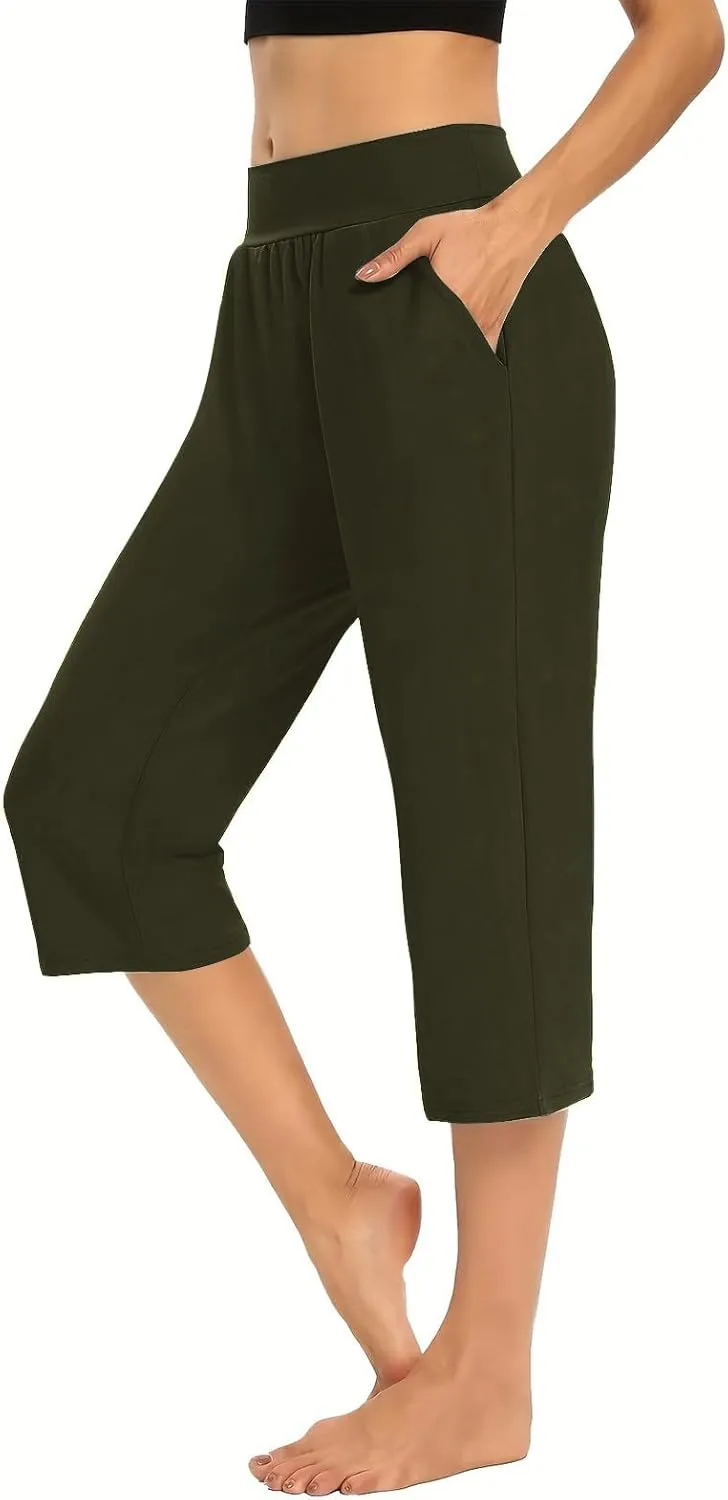 Casual Pants for Women 2 Piece Tummy Control Capri Yoga Pants Straight Leg Leggings Loose Fit Casual Work Pants