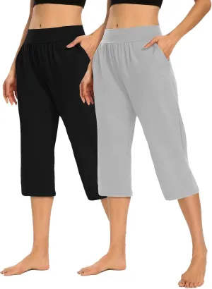 Casual Pants for Women 2 Piece Tummy Control Capri Yoga Pants Straight Leg Leggings Loose Fit Casual Work Pants