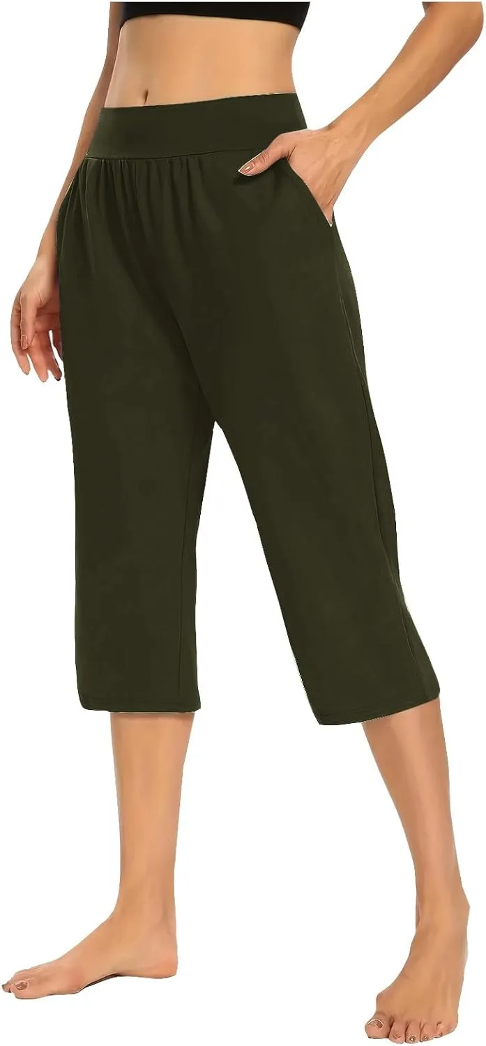 Casual Pants for Women 2 Piece Tummy Control Capri Yoga Pants Straight Leg Leggings Loose Fit Casual Work Pants