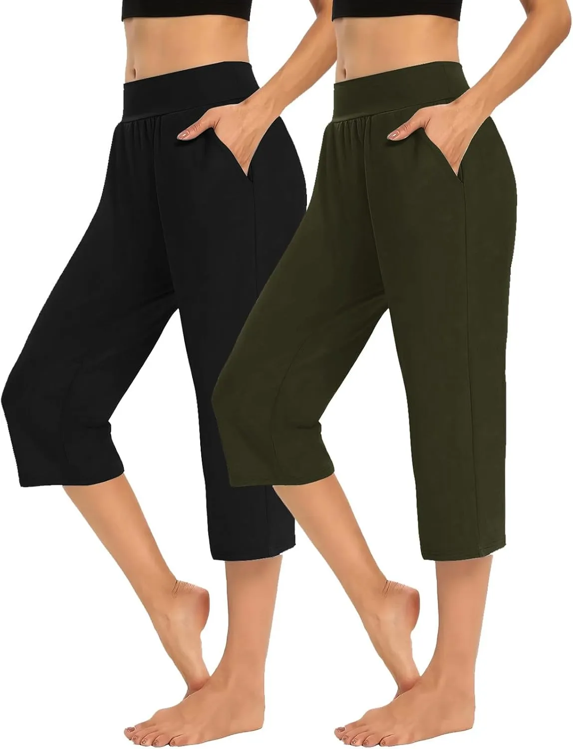 Casual Pants for Women 2 Piece Tummy Control Capri Yoga Pants Straight Leg Leggings Loose Fit Casual Work Pants
