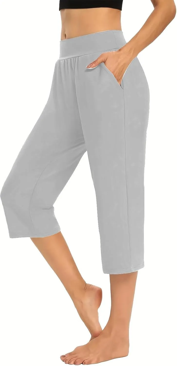 Casual Pants for Women 2 Piece Tummy Control Capri Yoga Pants Straight Leg Leggings Loose Fit Casual Work Pants