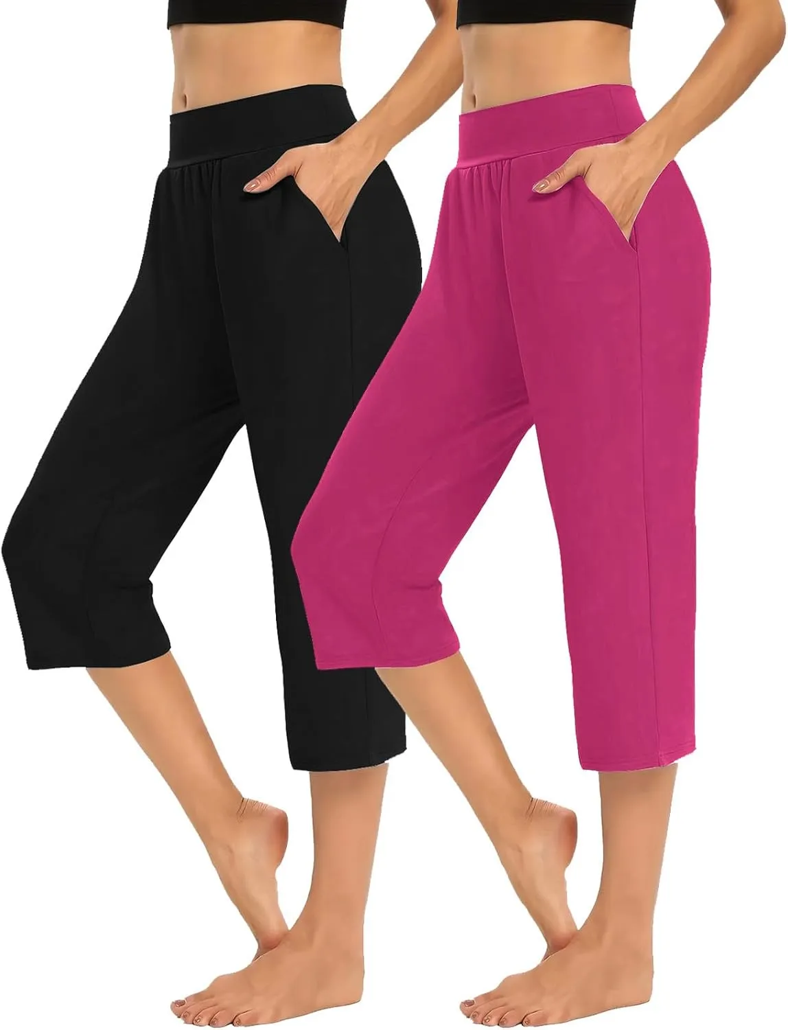Casual Pants for Women 2 Piece Tummy Control Capri Yoga Pants Straight Leg Leggings Loose Fit Casual Work Pants