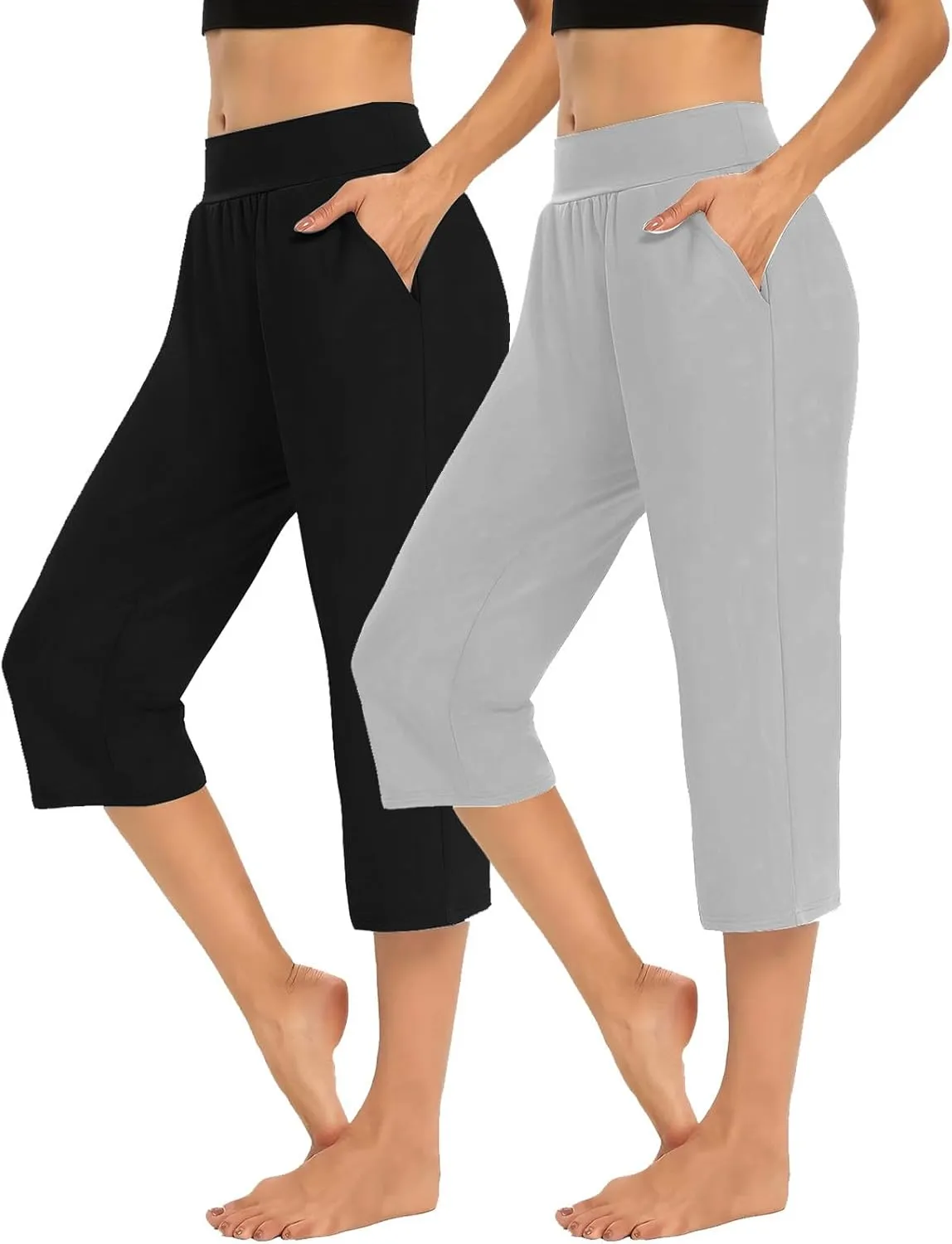 Casual Pants for Women 2 Piece Tummy Control Capri Yoga Pants Straight Leg Leggings Loose Fit Casual Work Pants