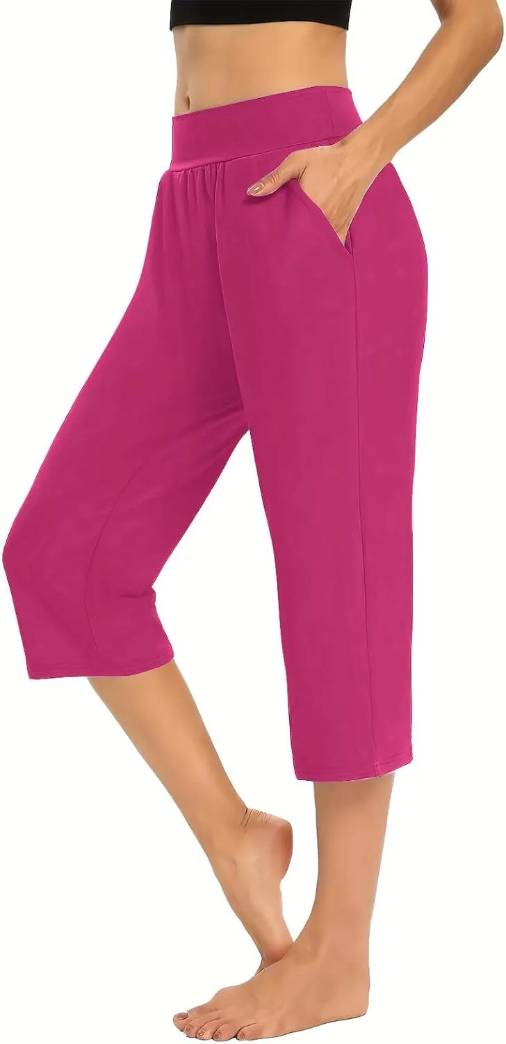 Casual Pants for Women 2 Piece Tummy Control Capri Yoga Pants Straight Leg Leggings Loose Fit Casual Work Pants