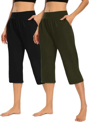 Casual Pants for Women 2 Piece Tummy Control Capri Yoga Pants Straight Leg Leggings Loose Fit Casual Work Pants
