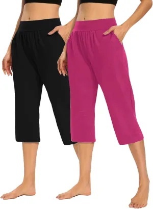 Casual Pants for Women 2 Piece Tummy Control Capri Yoga Pants Straight Leg Leggings Loose Fit Casual Work Pants