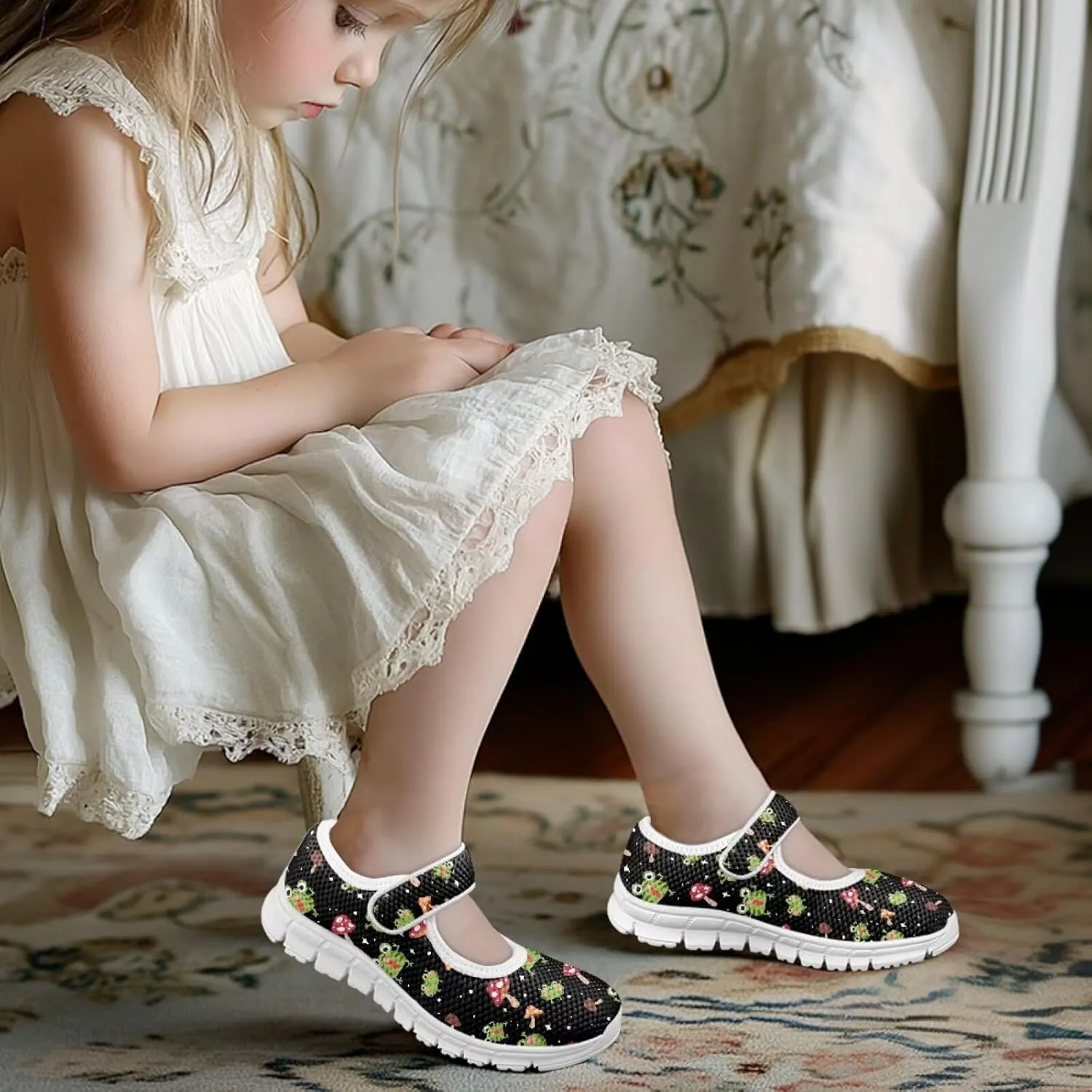 Child Sneakers Girls Mesh Mary Jane Flats Walking Shoes Breathable Mesh Shoe for School Soft Sole Casual Sneaker