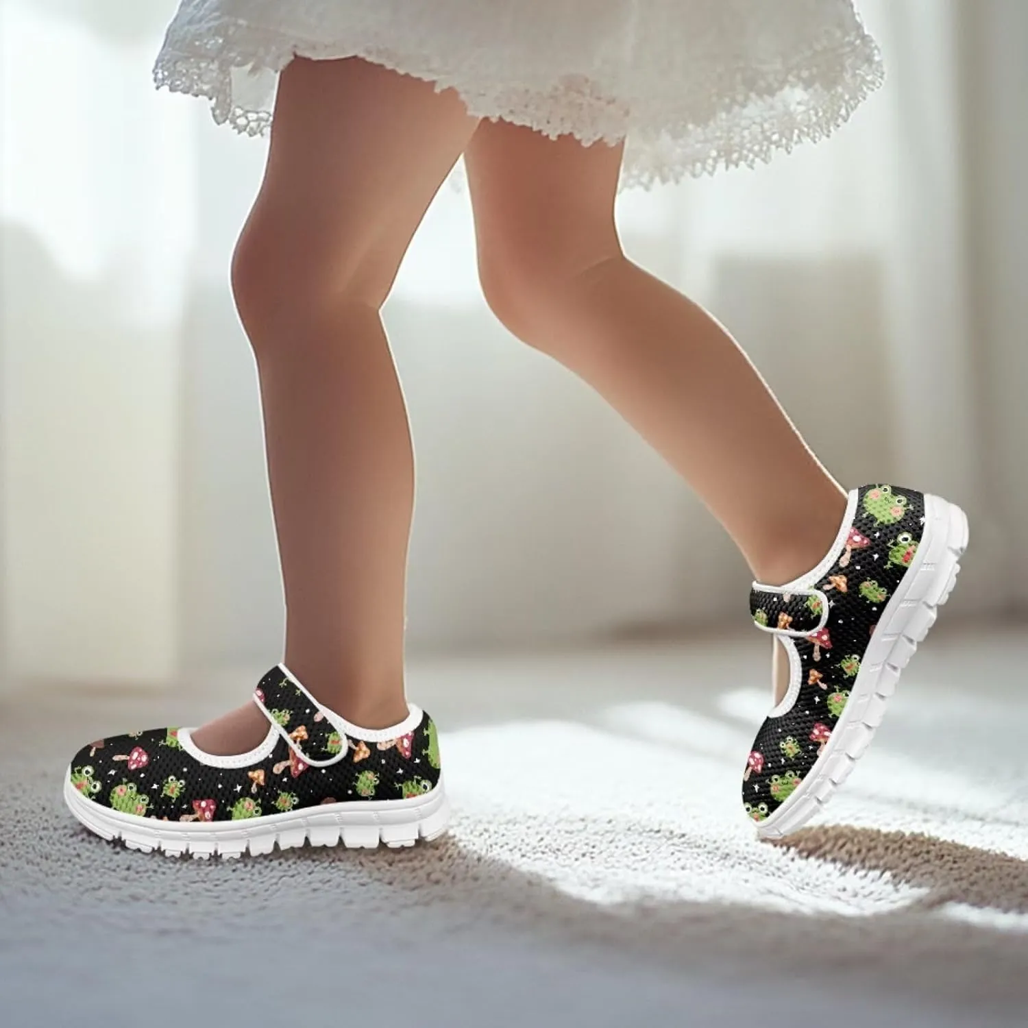 Child Sneakers Girls Mesh Mary Jane Flats Walking Shoes Breathable Mesh Shoe for School Soft Sole Casual Sneaker