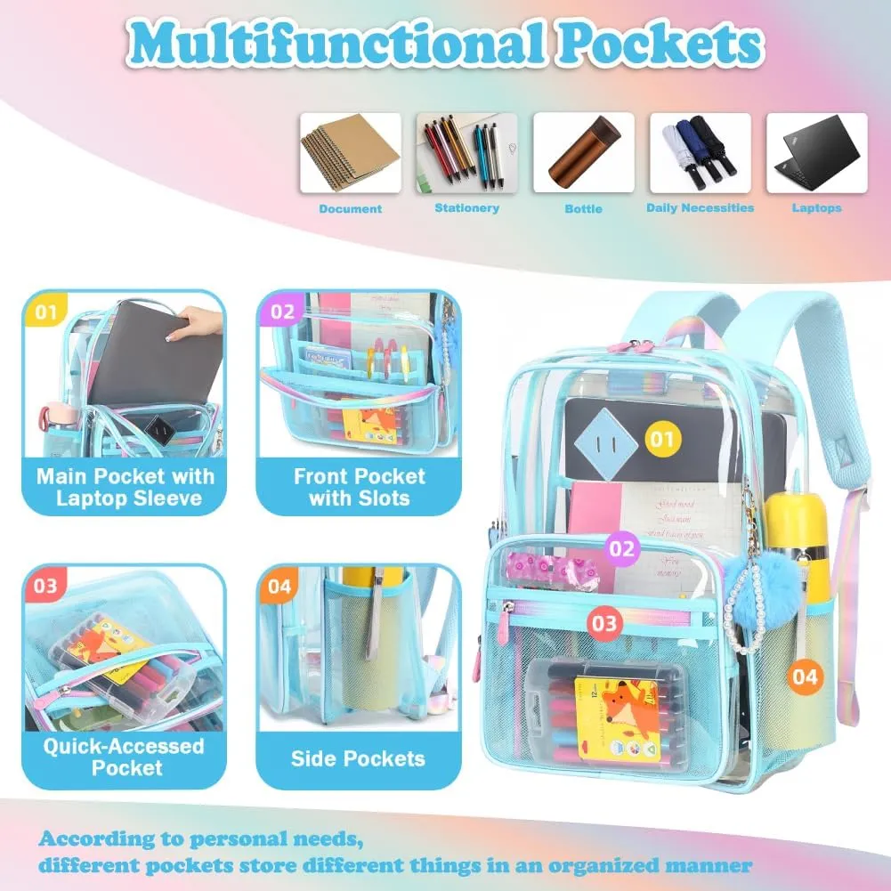 Clear Backpack for Girls - Heavy Duty Transparent School Backpack - Women's See Through Work & Stadium Security Clear Bookbag - Blue