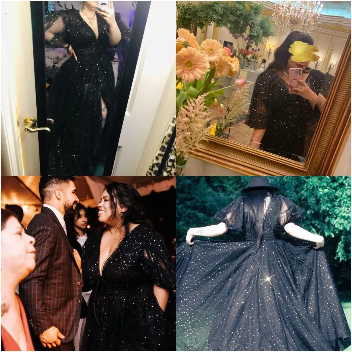 Clothfun Women's Sparkle Starry Tulle Puffy Sleeve Prom Dresses Long Plus Size Formal Evening Gowns with Slit