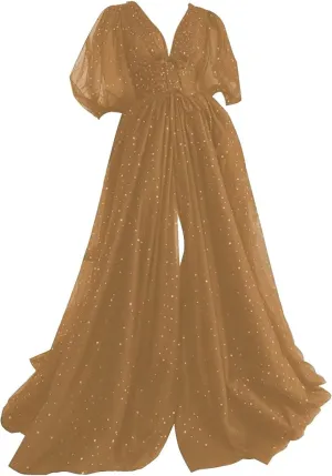 Clothfun Women's Sparkle Starry Tulle Puffy Sleeve Prom Dresses Long Plus Size Formal Evening Gowns with Slit