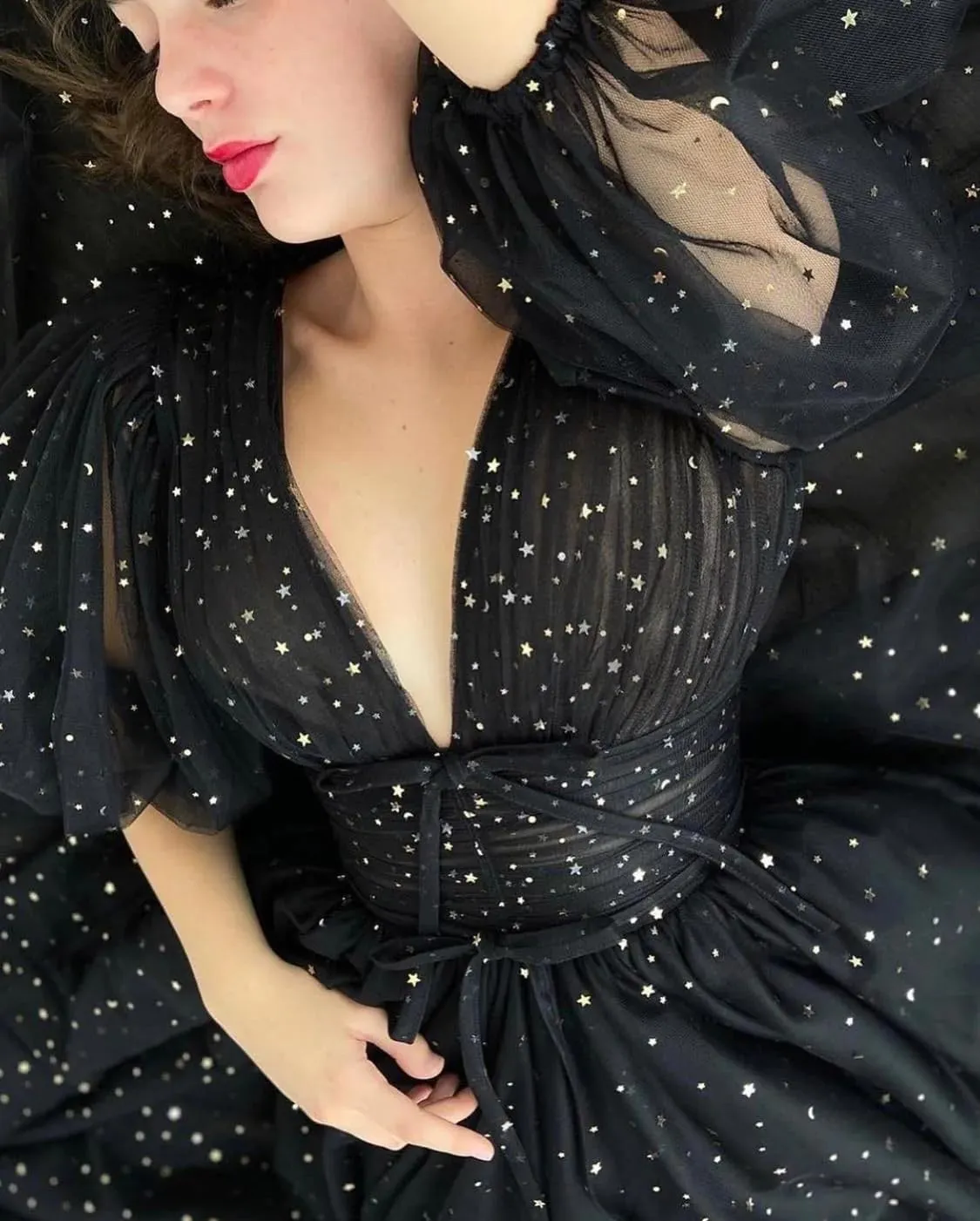 Clothfun Women's Sparkle Starry Tulle Puffy Sleeve Prom Dresses Long Plus Size Formal Evening Gowns with Slit