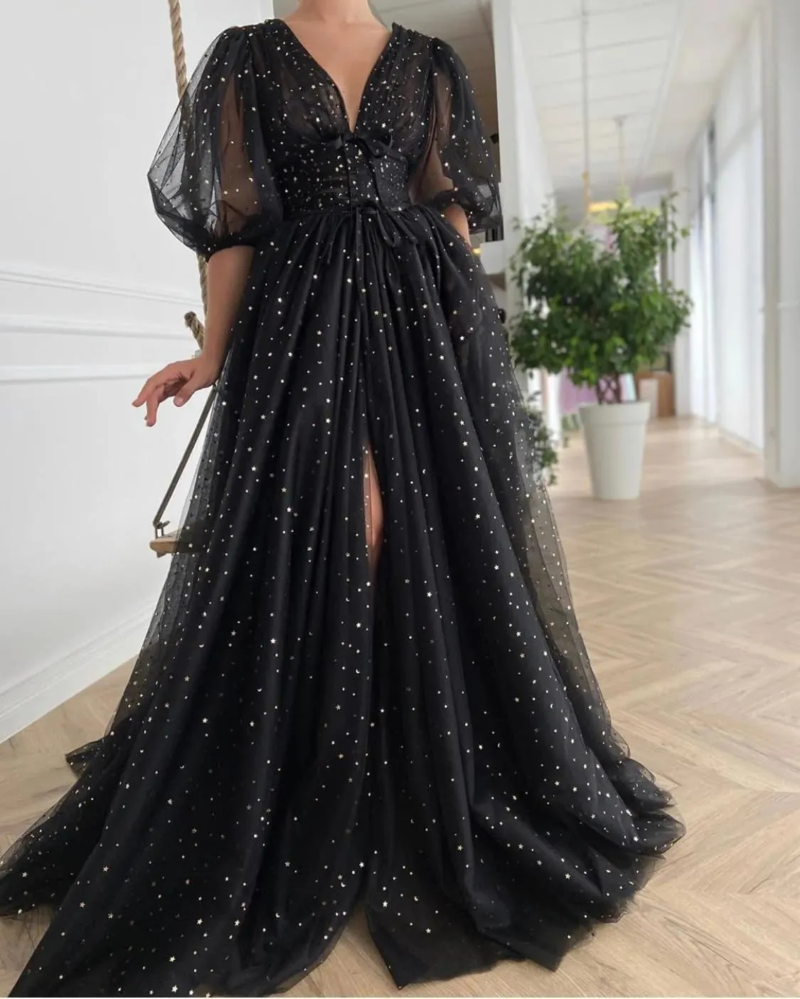 Clothfun Women's Sparkle Starry Tulle Puffy Sleeve Prom Dresses Long Plus Size Formal Evening Gowns with Slit