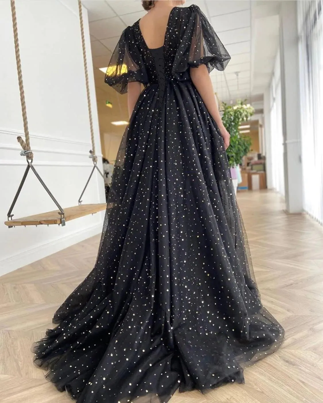 Clothfun Women's Sparkle Starry Tulle Puffy Sleeve Prom Dresses Long Plus Size Formal Evening Gowns with Slit