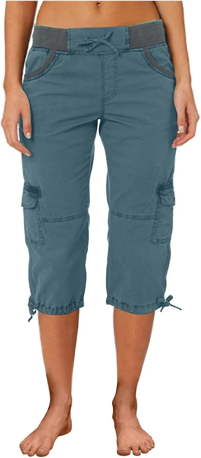 Cotton Cargo Capris for Women with Pockets Plus Size High Waisted Light Weight Hiking Travel Pants Trousers