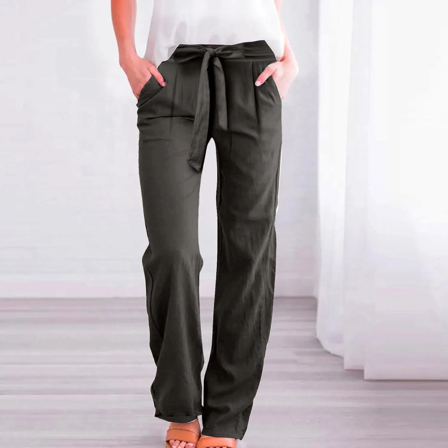 Cotton Linen Pant for Women Loose Fit High Waisted Plus Size Wide Leg Pants Tie Knot Summer Beach Pant with Pockets