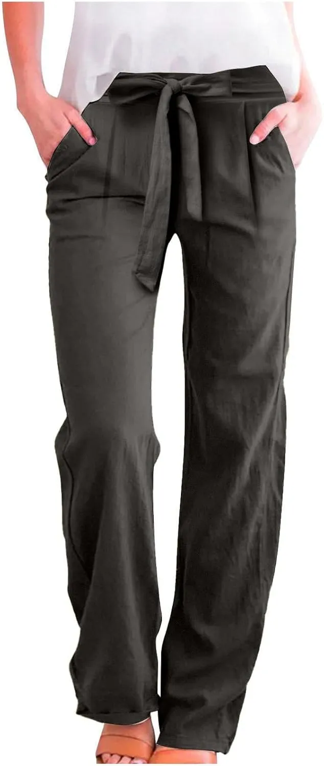 Cotton Linen Pant for Women Loose Fit High Waisted Plus Size Wide Leg Pants Tie Knot Summer Beach Pant with Pockets