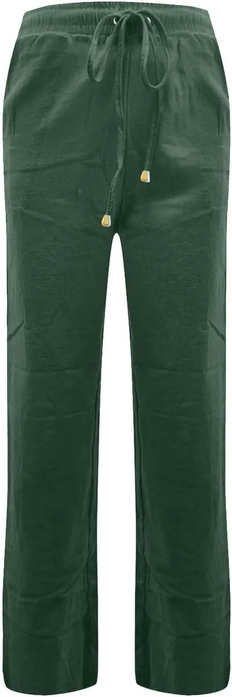 Cotton Linen Pants for Women Baggy Drawstring High Waisted Boho Palazzo Pants Lightweight Summer Pants with Pockets