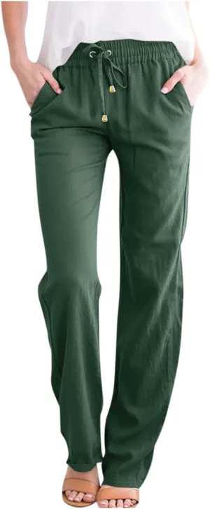 Cotton Linen Pants for Women Baggy Drawstring High Waisted Boho Palazzo Pants Lightweight Summer Pants with Pockets