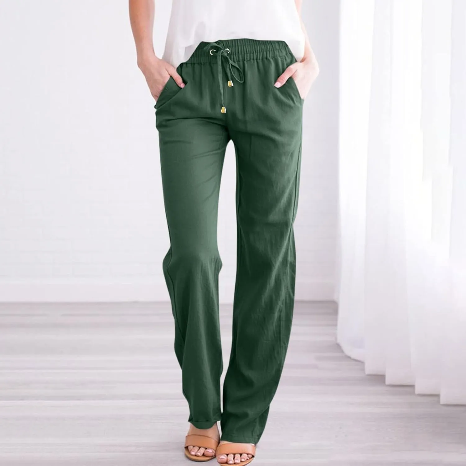 Cotton Linen Pants for Women Baggy Drawstring High Waisted Boho Palazzo Pants Lightweight Summer Pants with Pockets