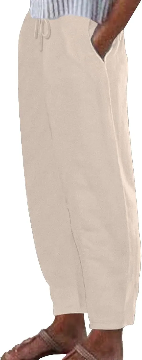 Cotton Linen Pants for Women Drawstring Elastic Waist Straight Leg Trousers Casual Spring and Summer Beach Pant