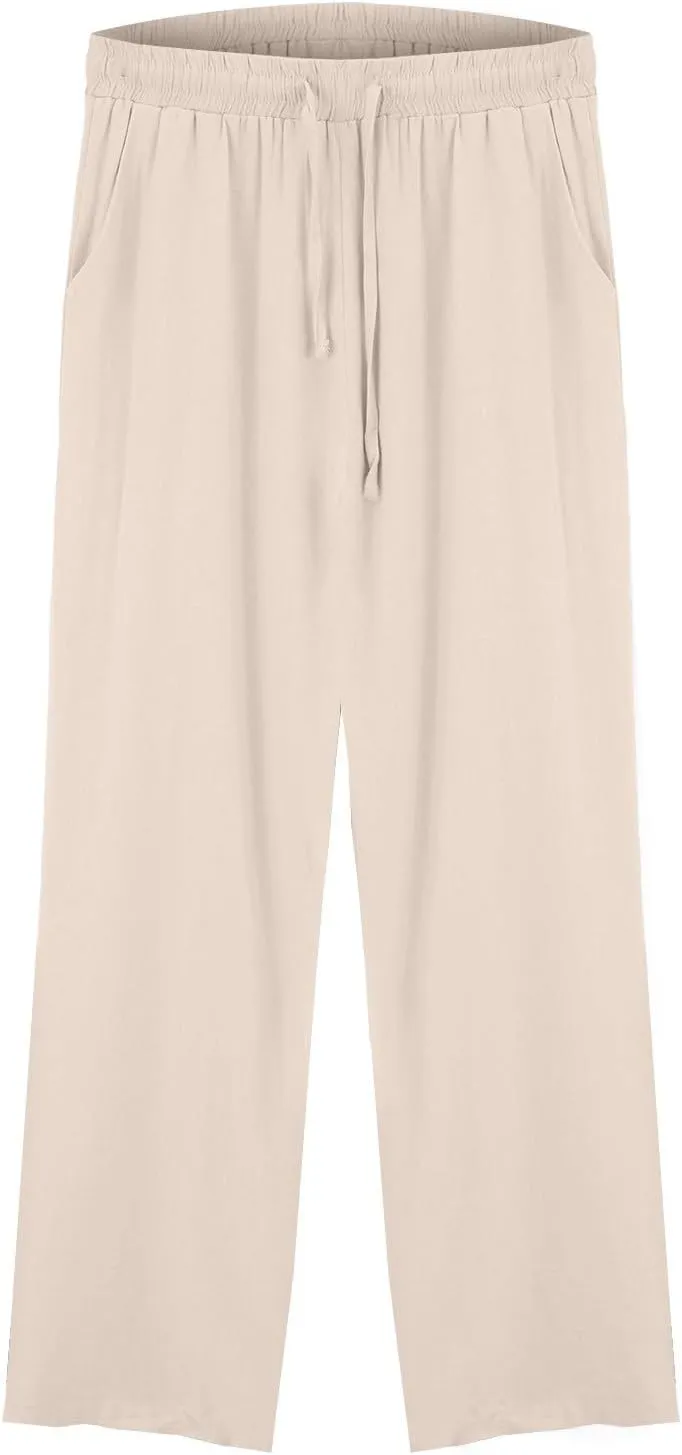 Cotton Linen Pants for Women Drawstring Elastic Waist Straight Leg Trousers Casual Spring and Summer Beach Pant