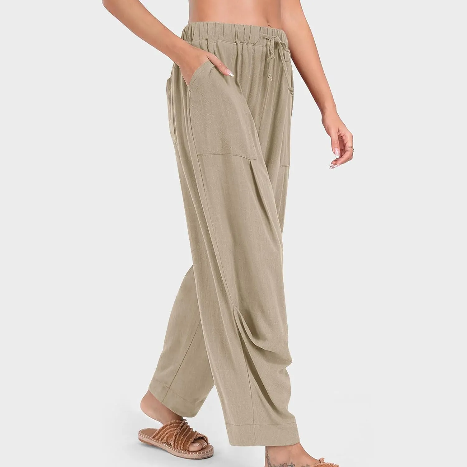 Cotton Linen Pants for Women Summer Wide Leg Pants Drawstring Elastic High Waisted Lounge Pant Casual Beach Trousers