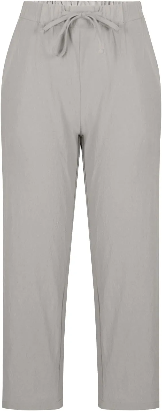 Cotton Linen Pants for Women Wide Leg Cropped Lounge Trouser Drawstring Elastic Waist Summer Beach Pant with Pockets