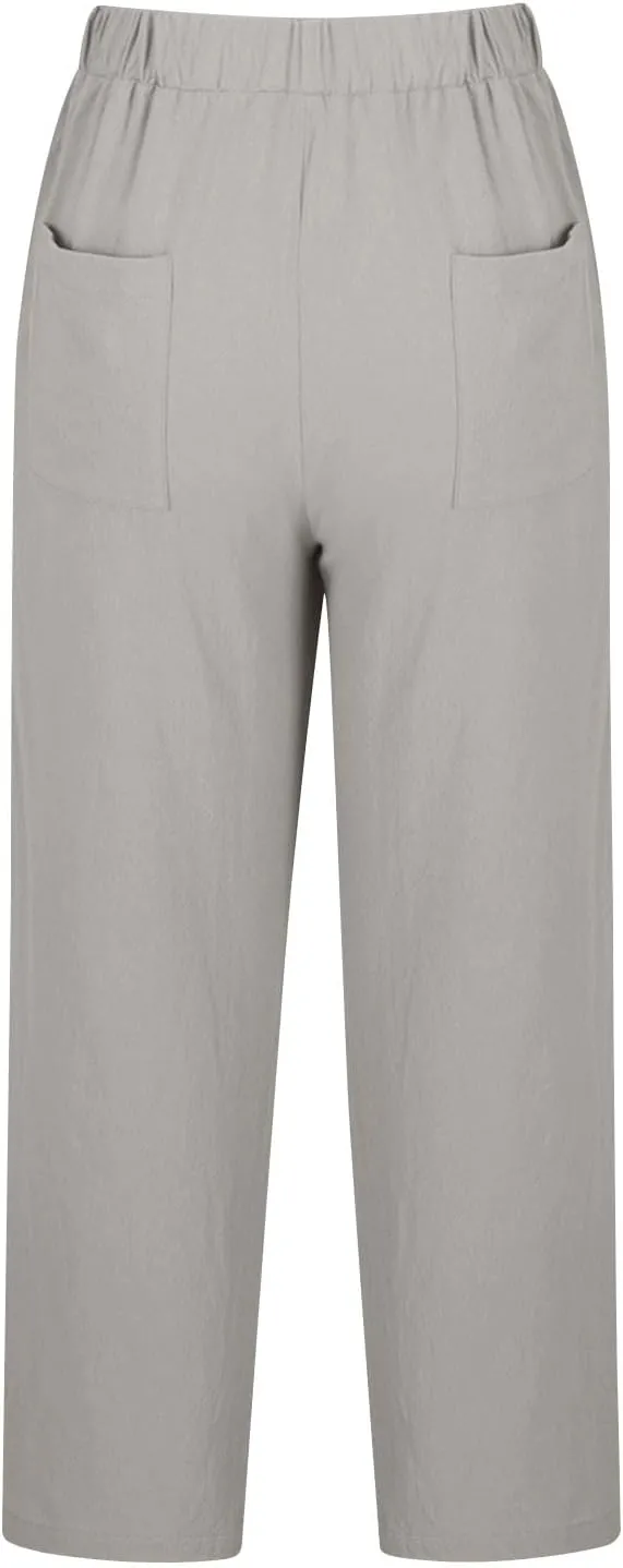 Cotton Linen Pants for Women Wide Leg Cropped Lounge Trouser Drawstring Elastic Waist Summer Beach Pant with Pockets