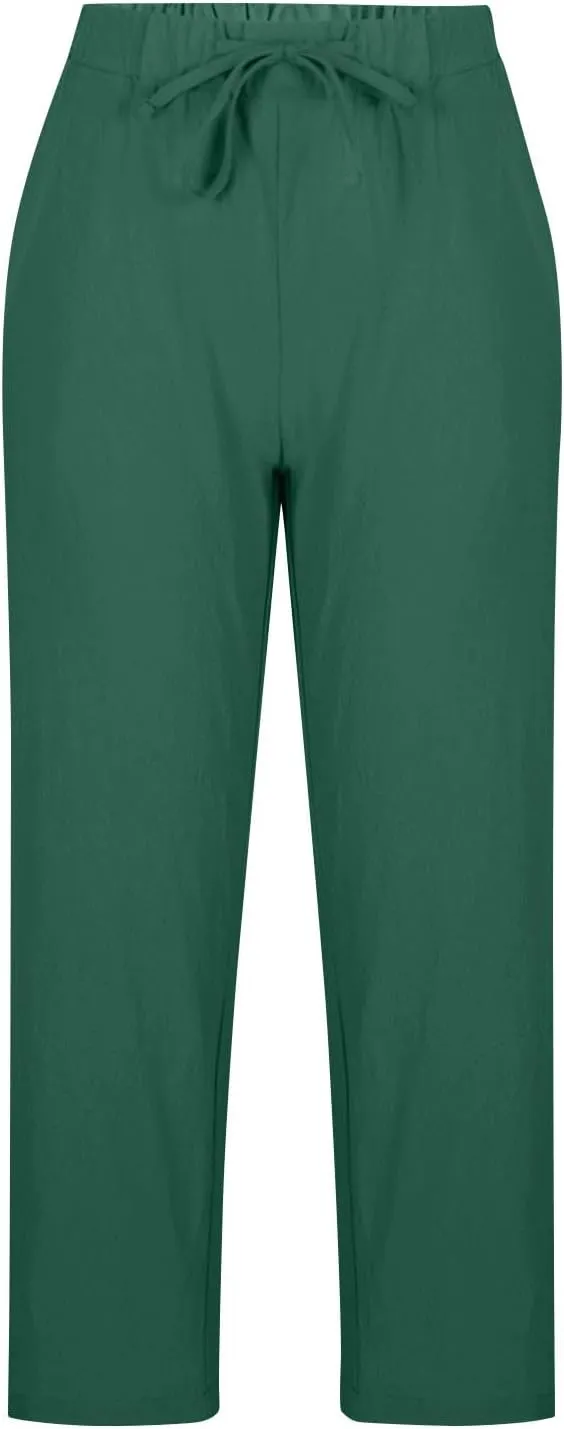 Cotton Linen Pants for Women Wide Leg Cropped Lounge Trouser Drawstring Elastic Waist Summer Beach Pant with Pockets