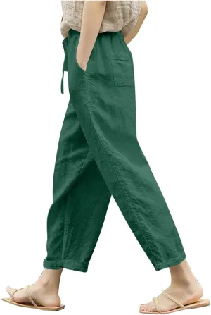 Cotton Linen Pants for Women Wide Leg Cropped Lounge Trouser Drawstring Elastic Waist Summer Beach Pant with Pockets