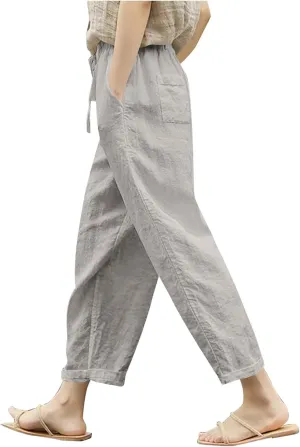 Cotton Linen Pants for Women Wide Leg Cropped Lounge Trouser Drawstring Elastic Waist Summer Beach Pant with Pockets